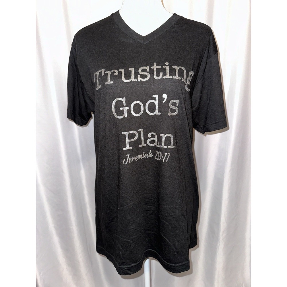 NWOT Tultex T-shirt Size M Christian Trust Gods Plan Vneck Black Short Sleeve